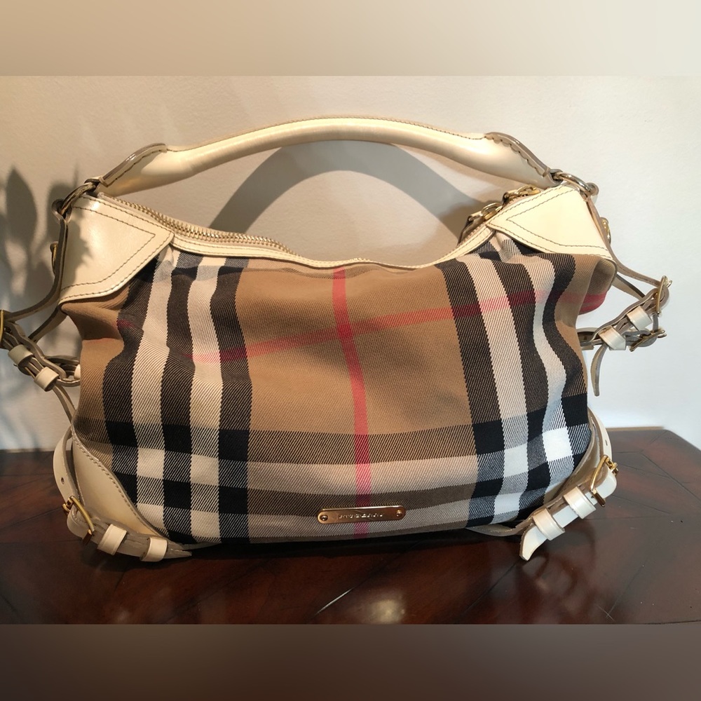 Burberry Gorgeous Unique Coated Canvas with Leather Accents Handbag
